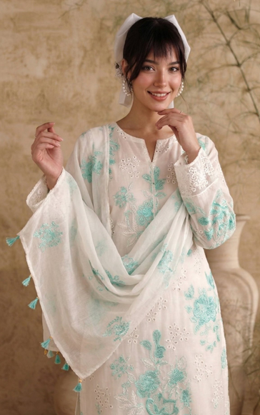 White Breezes embroidered lawn shirt,Emb sleeves and back,Emb lawn dupatta with same trouser