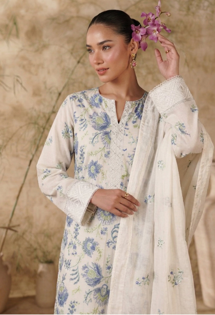 White Breezes embroidered lawn shirt,Emb sleeves and back,Emb lawn dupatta with same trouser
