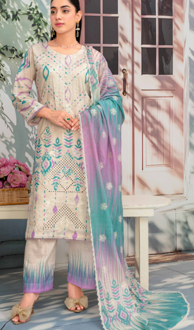 Embroidered slub lawn shirt,Emb printed dupatta, printed trouser