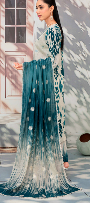 Embroidered slub lawn shirt,Emb printed dupatta, printed trouser