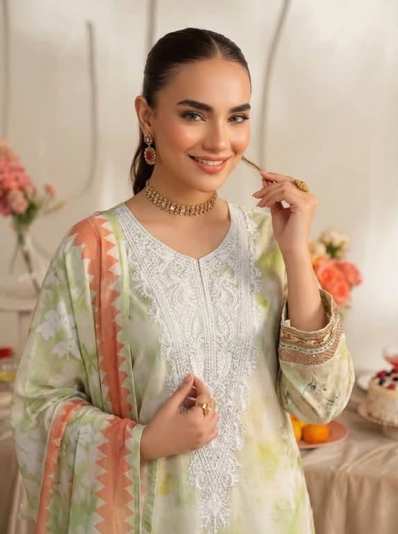 Embroidered Shirt With Daman Patch Print Dupatta, Plain Trouser