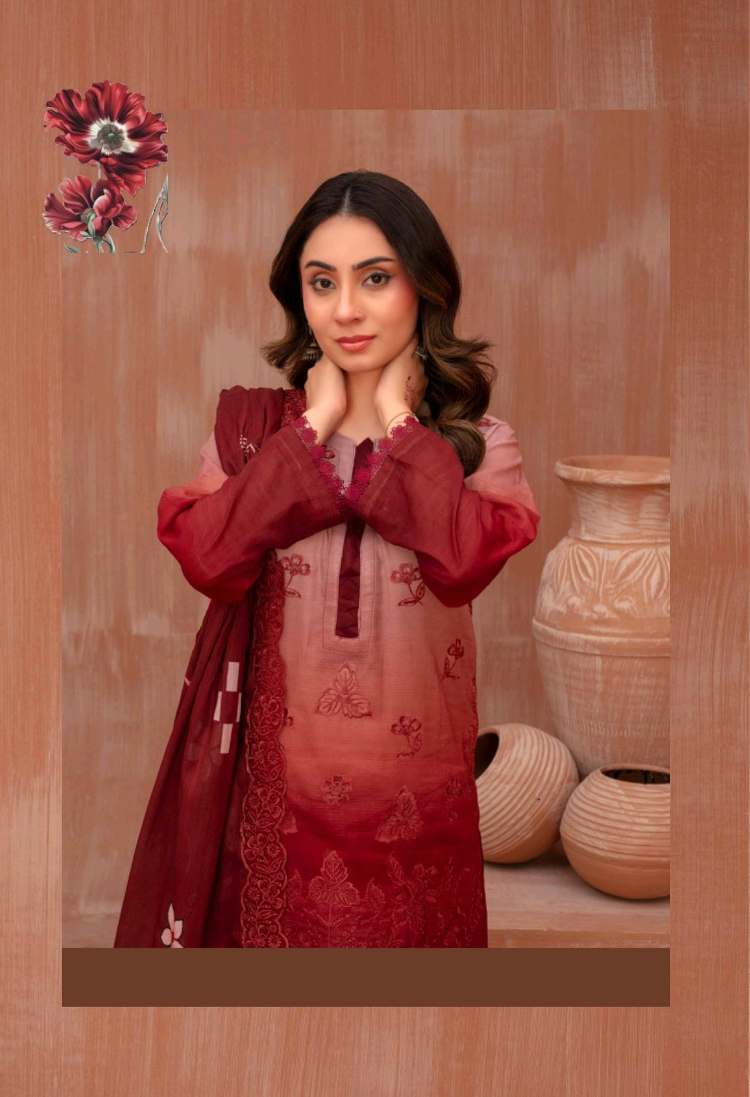 Lawn slub doria tie and dye embroidered shirt,back and fancy work ,printed voile dupatta with comfort trouser