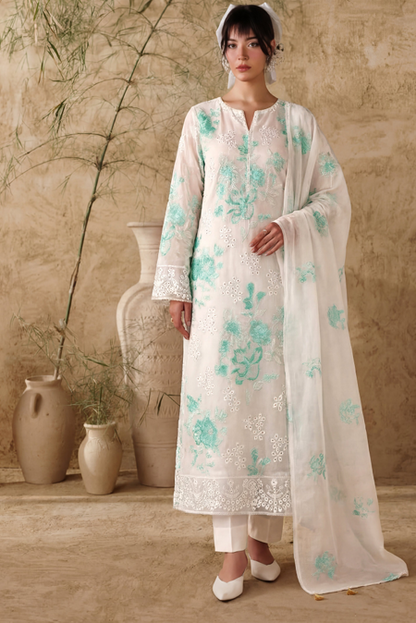 White Breezes embroidered lawn shirt,Emb sleeves and back,Emb lawn dupatta with same trouser
