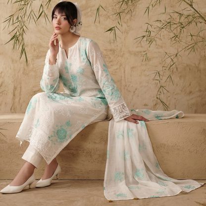 White Breezes embroidered lawn shirt,Emb sleeves and back,Emb lawn dupatta with same trouser