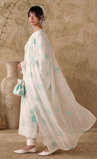 White Breezes embroidered lawn shirt,Emb sleeves and back,Emb lawn dupatta with same trouser