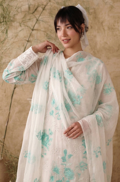White Breezes embroidered lawn shirt,Emb sleeves and back,Emb lawn dupatta with same trouser