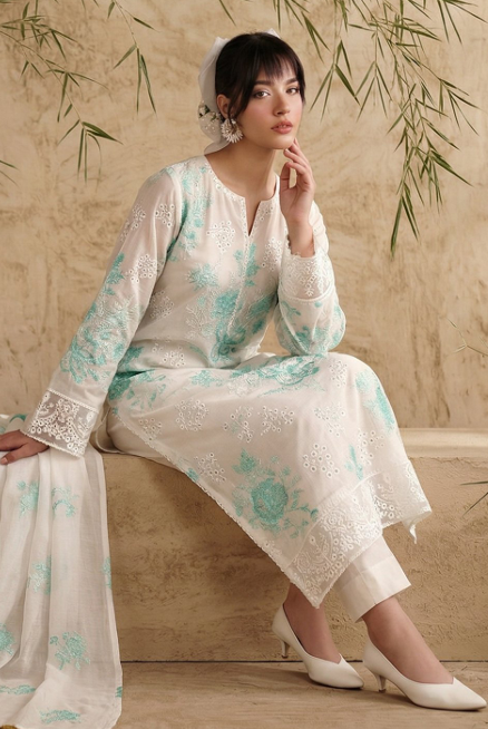 White Breezes embroidered lawn shirt,Emb sleeves and back,Emb lawn dupatta with same trouser