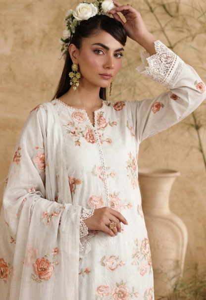 White Breezes embroidered lawn shirt,Emb sleeves and back,Emb lawn dupatta with same trouser