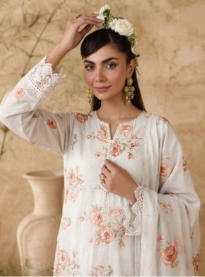 White Breezes embroidered lawn shirt,Emb sleeves and back,Emb lawn dupatta with same trouser