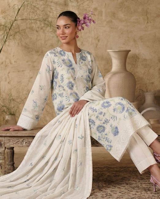 White Breezes embroidered lawn shirt,Emb sleeves and back,Emb lawn dupatta with same trouser