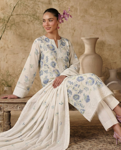 White Breezes embroidered lawn shirt,Emb sleeves and back,Emb lawn dupatta with same trouser