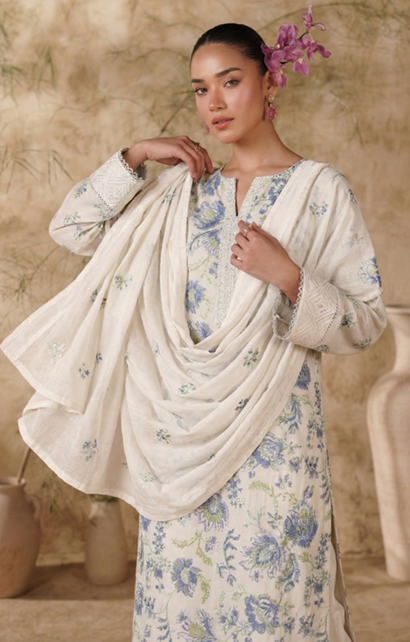 White Breezes embroidered lawn shirt,Emb sleeves and back,Emb lawn dupatta with same trouser