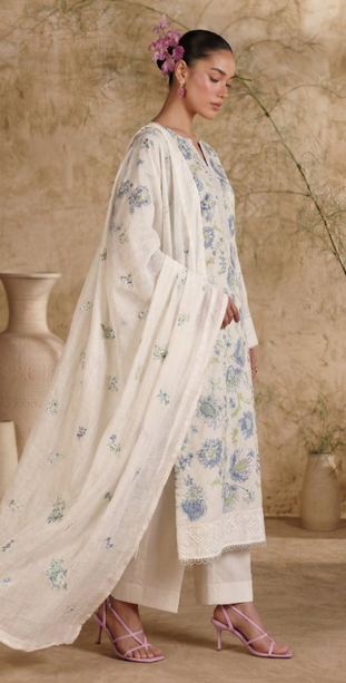 White Breezes embroidered lawn shirt,Emb sleeves and back,Emb lawn dupatta with same trouser