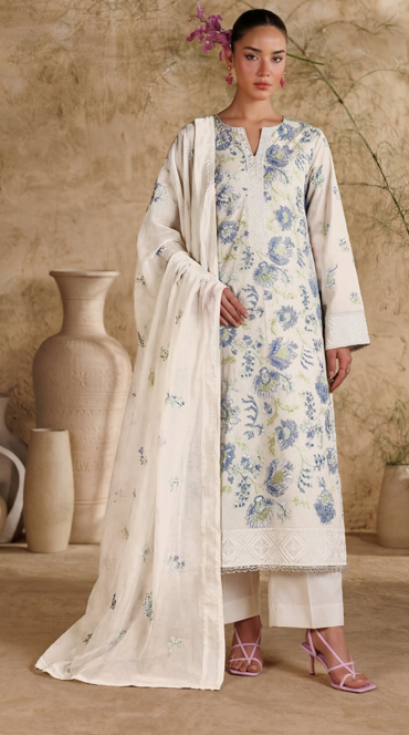 White Breezes embroidered lawn shirt,Emb sleeves and back,Emb lawn dupatta with same trouser