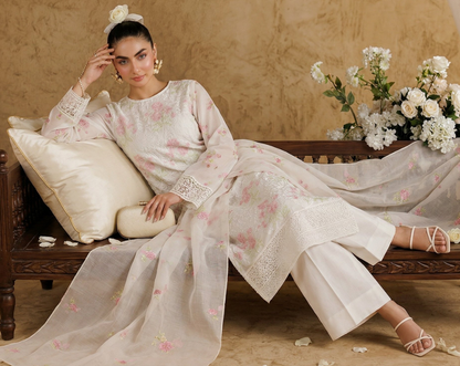 White Breezes embroidered lawn shirt,Emb sleeves and back,Emb lawn dupatta with same trouser