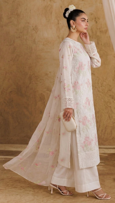White Breezes embroidered lawn shirt,Emb sleeves and back,Emb lawn dupatta with same trouser