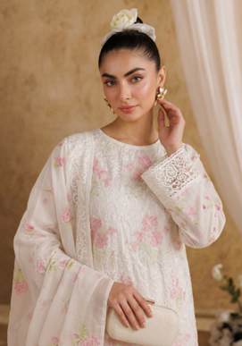 White Breezes embroidered lawn shirt,Emb sleeves and back,Emb lawn dupatta with same trouser
