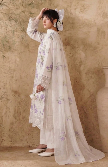 White Breezes embroidered lawn shirt,Emb sleeves and back,Emb lawn dupatta with same trouser