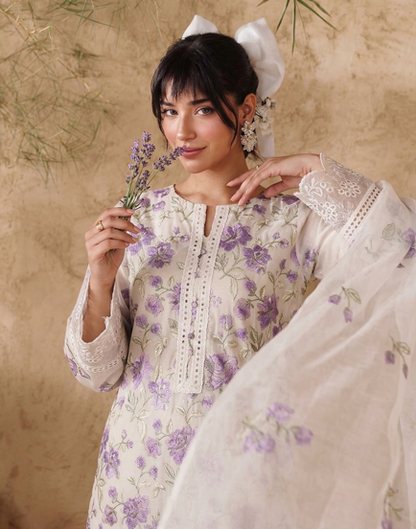 White Breezes embroidered lawn shirt,Emb sleeves and back,Emb lawn dupatta with same trouser