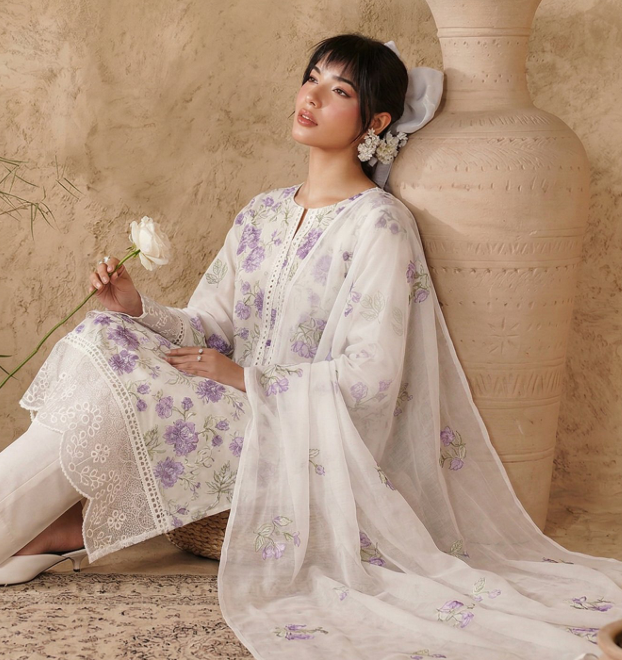 White Breezes embroidered lawn shirt,Emb sleeves and back,Emb lawn dupatta with same trouser