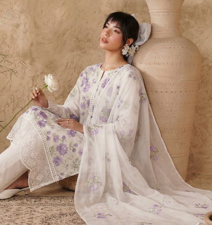 White Breezes embroidered lawn shirt,Emb sleeves and back,Emb lawn dupatta with same trouser