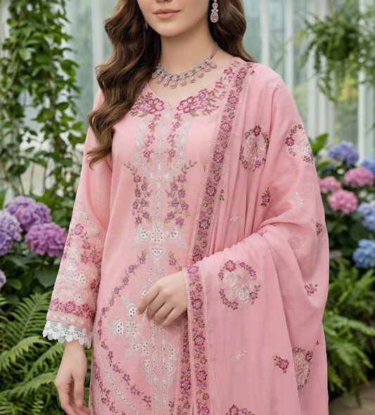 Marine,pure embroidery lawn with pure emb Bamber dupatta ,comfort trouser