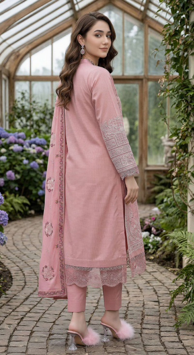 Marine,pure embroidery lawn with pure emb Bamber dupatta ,comfort trouser