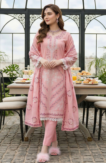 Marine,pure embroidery lawn with pure emb Bamber dupatta ,comfort trouser