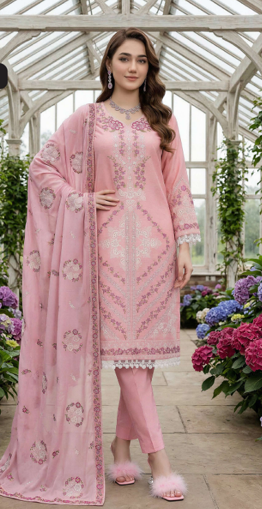 Marine,pure embroidery lawn with pure emb Bamber dupatta ,comfort trouser