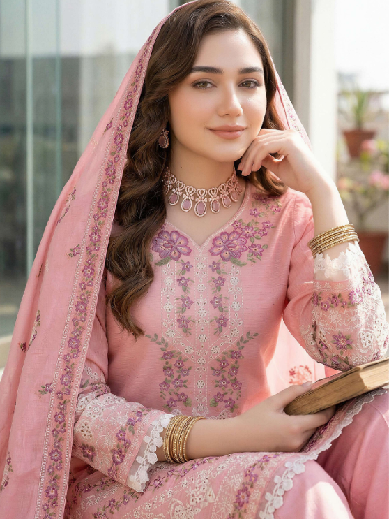 Marine,pure embroidery lawn with pure emb Bamber dupatta ,comfort trouser