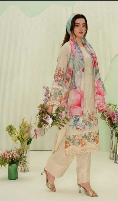 premium embroidered digital lawn shirt ,Emb daman with sleeve fancy patch,digital printed dupatta comfort trouser