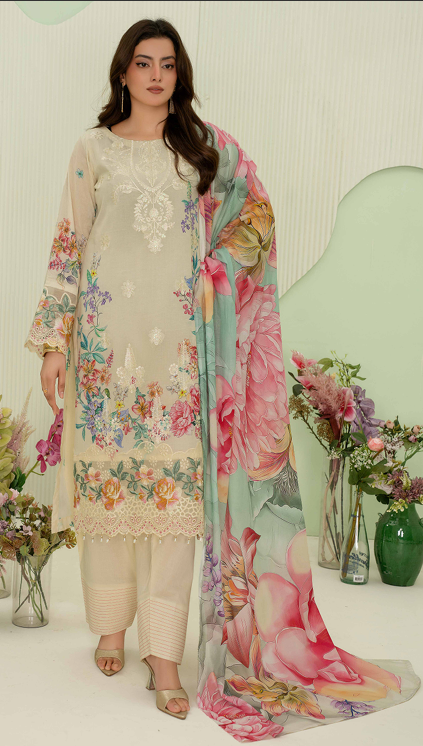 premium embroidered digital lawn shirt ,Emb daman with sleeve fancy patch,digital printed dupatta comfort trouser