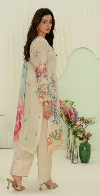 premium embroidered digital lawn shirt ,Emb daman with sleeve fancy patch,digital printed dupatta comfort trouser