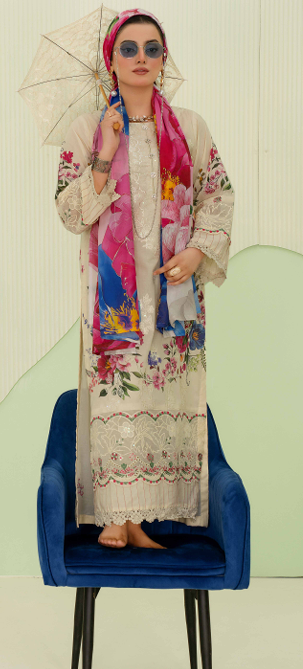 premium embroidered digital lawn shirt ,Emb daman with sleeve fancy patch,digital printed dupatta comfort trouser