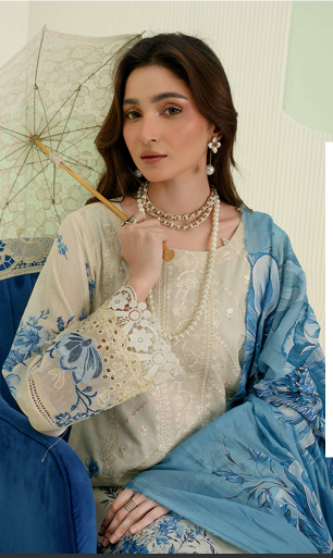 premium embroidered digital lawn shirt ,Emb daman with sleeve fancy patch,digital printed dupatta comfort trouser