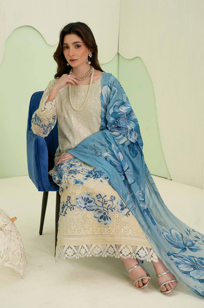 premium embroidered digital lawn shirt ,Emb daman with sleeve fancy patch,digital printed dupatta comfort trouser