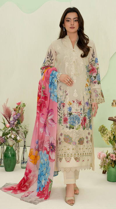 premium embroidered digital lawn shirt ,Emb daman with sleeve fancy patch,digital printed dupatta comfort trouser