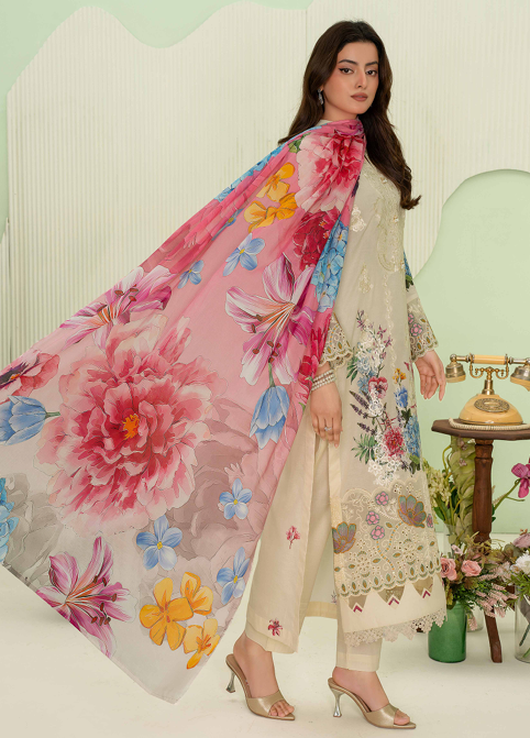 premium embroidered digital lawn shirt ,Emb daman with sleeve fancy patch,digital printed dupatta comfort trouser