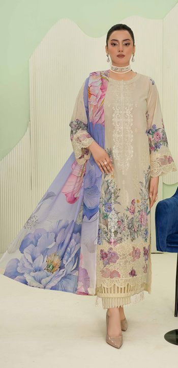 premium embroidered digital lawn shirt ,Emb daman with sleeve fancy patch,digital printed dupatta comfort trouser