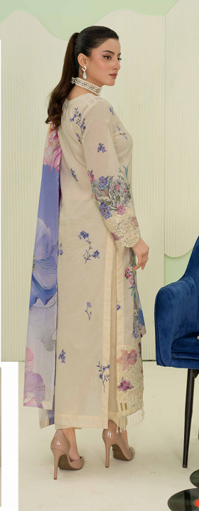 premium embroidered digital lawn shirt ,Emb daman with sleeve fancy patch,digital printed dupatta comfort trouser