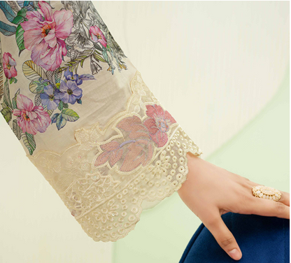 premium embroidered digital lawn shirt ,Emb daman with sleeve fancy patch,digital printed dupatta comfort trouser