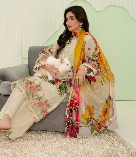 premium embroidered digital lawn shirt ,Emb daman with sleeve fancy patch,digital printed dupatta comfort trouser