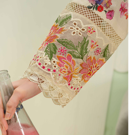 premium embroidered digital lawn shirt ,Emb daman with sleeve fancy patch,digital printed dupatta comfort trouser