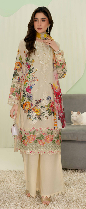 premium embroidered digital lawn shirt ,Emb daman with sleeve fancy patch,digital printed dupatta comfort trouser