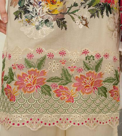 premium embroidered digital lawn shirt ,Emb daman with sleeve fancy patch,digital printed dupatta comfort trouser