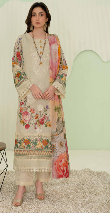 premium embroidered digital lawn shirt ,Emb daman with sleeve fancy patch,digital printed dupatta comfort trouser