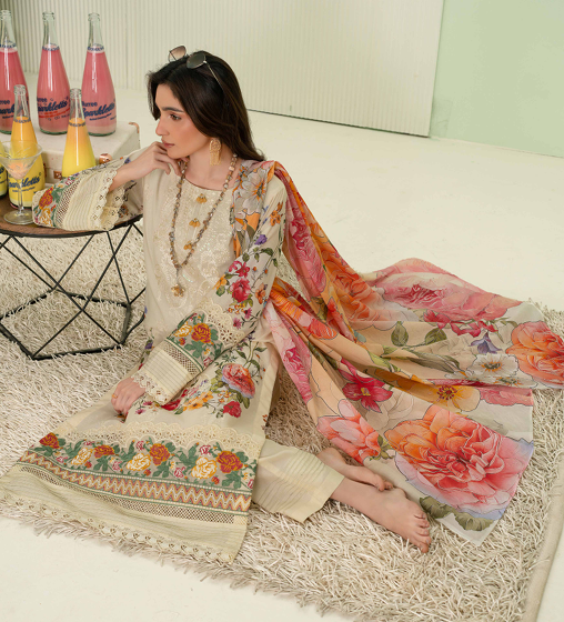 premium embroidered digital lawn shirt ,Emb daman with sleeve fancy patch,digital printed dupatta comfort trouser