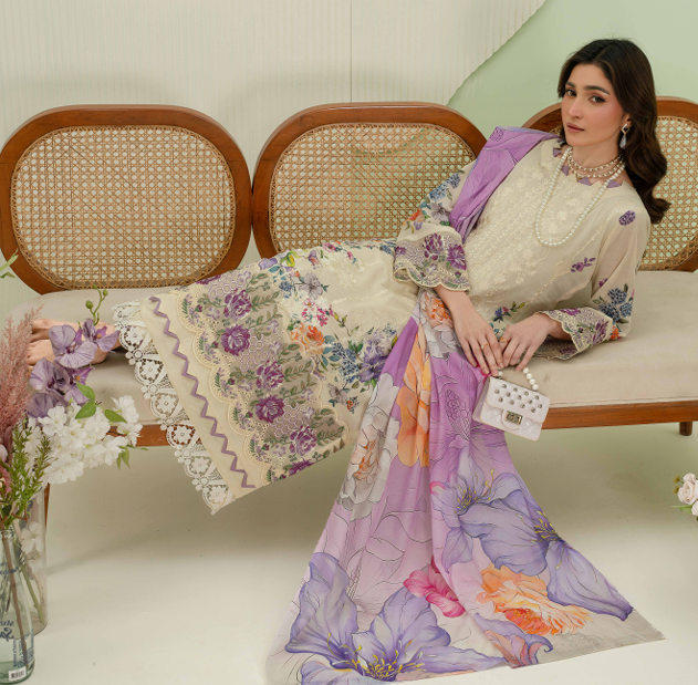 premium embroidered digital lawn shirt ,Emb daman with sleeve fancy patch,digital printed dupatta comfort trouser