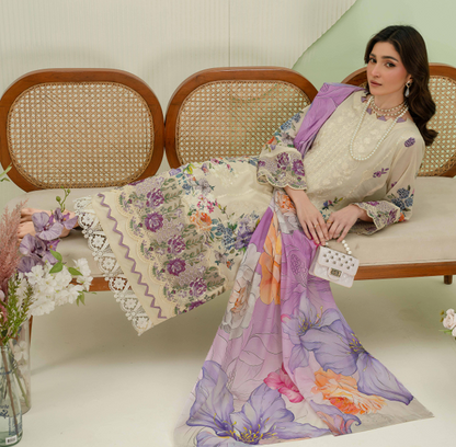 premium embroidered digital lawn shirt ,Emb daman with sleeve fancy patch,digital printed dupatta comfort trouser