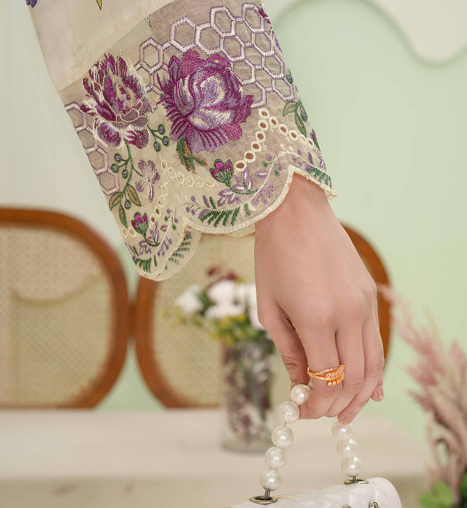 premium embroidered digital lawn shirt ,Emb daman with sleeve fancy patch,digital printed dupatta comfort trouser